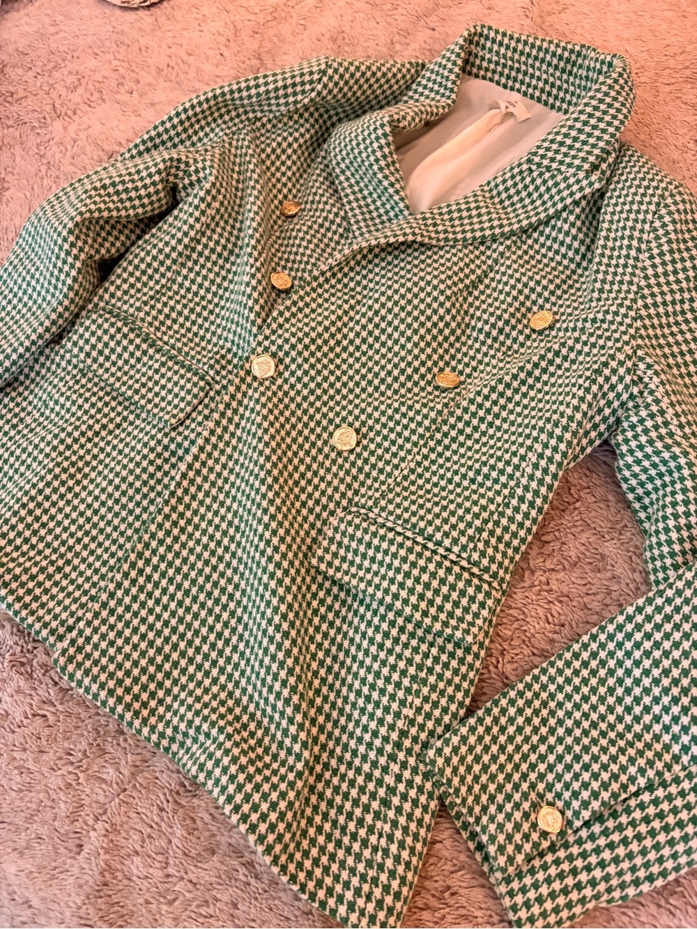 entro Green Houndstooth Double-Breasted Blazer with Gold Buttons